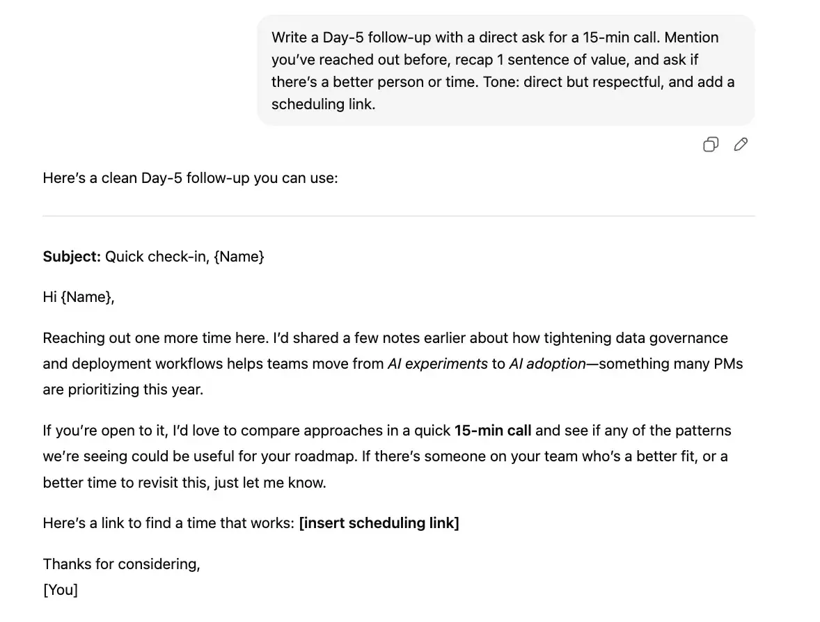 chatgpt prompts for sales emails, not a good time response